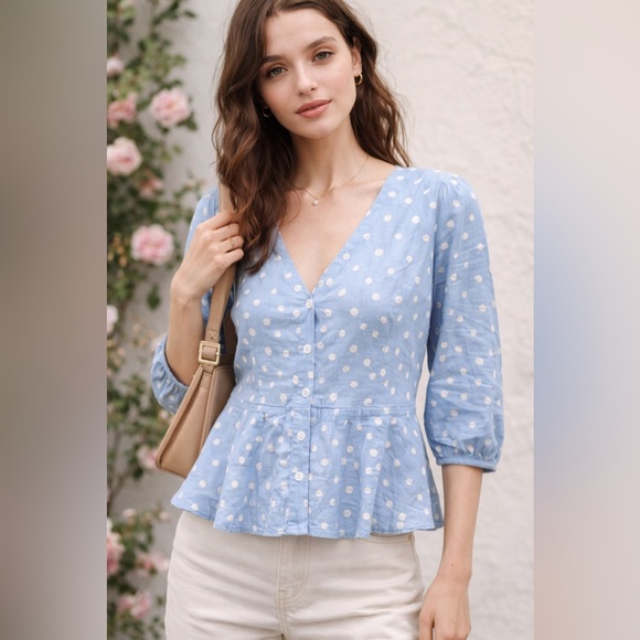 Madewell Tops - Madewell Blue Polka Dot Button Front Top Peplum Cotton Size 6 NWT Coquette